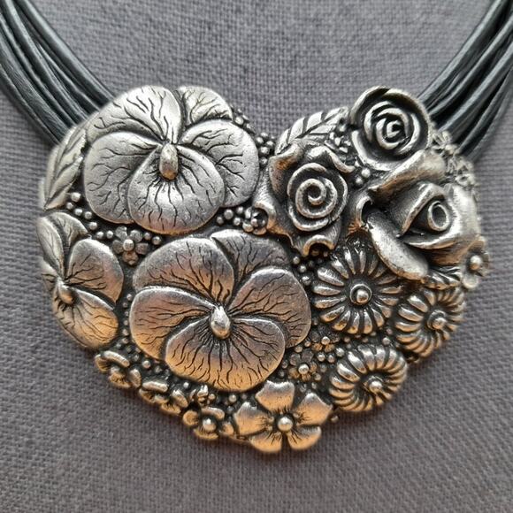 Chico's Floral Heart Silver Tone Pendant Necklace, 9 Strands Black Leather, 20" - Picture 3 of 12